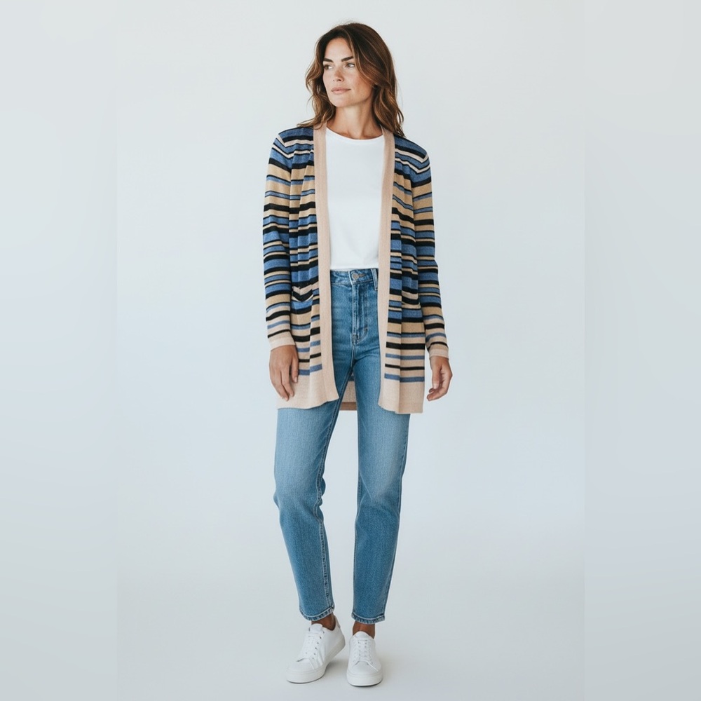 Loft Italian Yarn Open Front Cardigan Tan & Blue Stripe Size Small